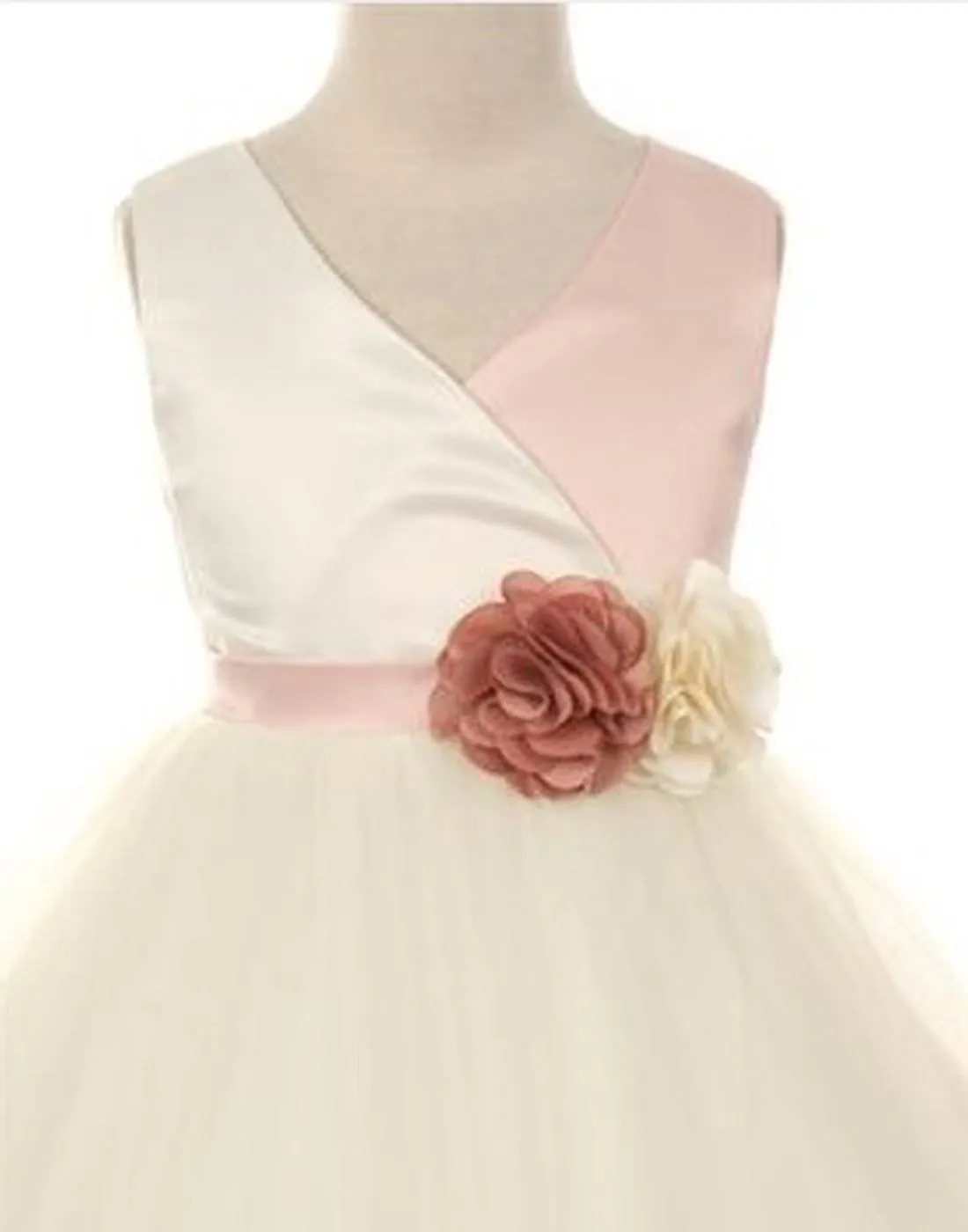 V-neck Satin Bodice and Tulle Layered Skirt Dress - Blush