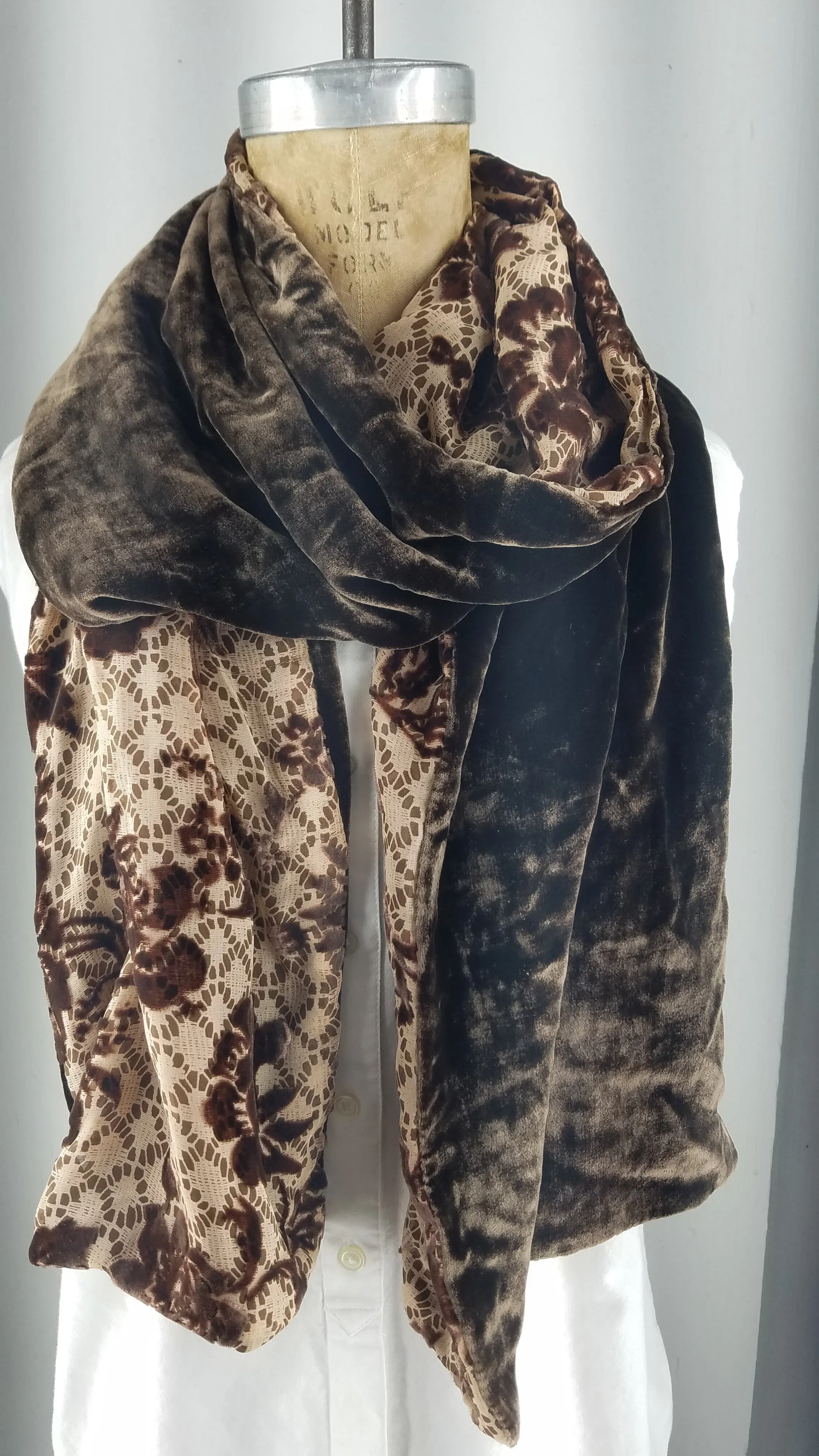 Vintage silk velvet scarf with beige and brown bouquet flowers with dark brown silk velvet back