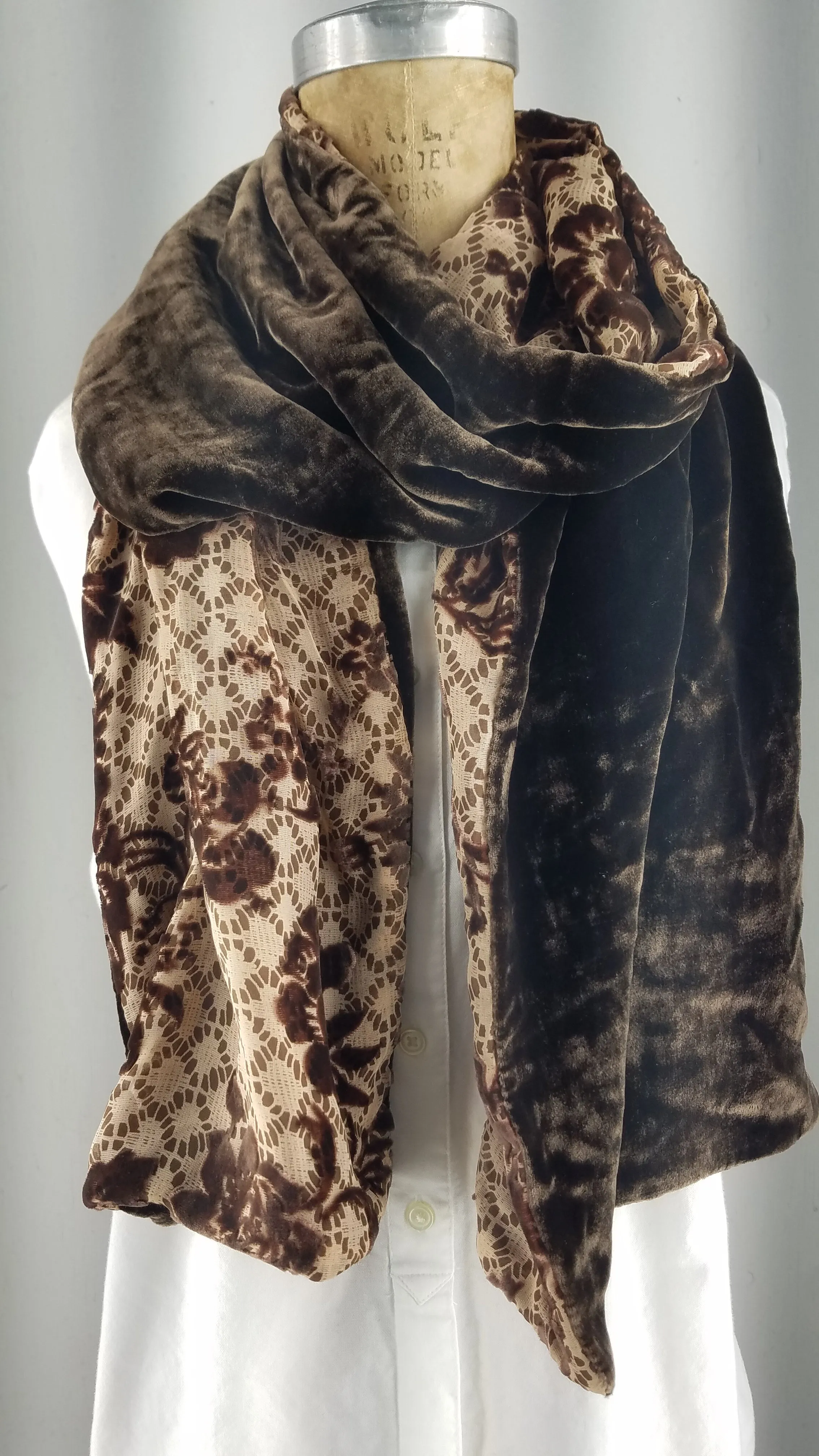 Vintage silk velvet scarf with beige and brown bouquet flowers with dark brown silk velvet back