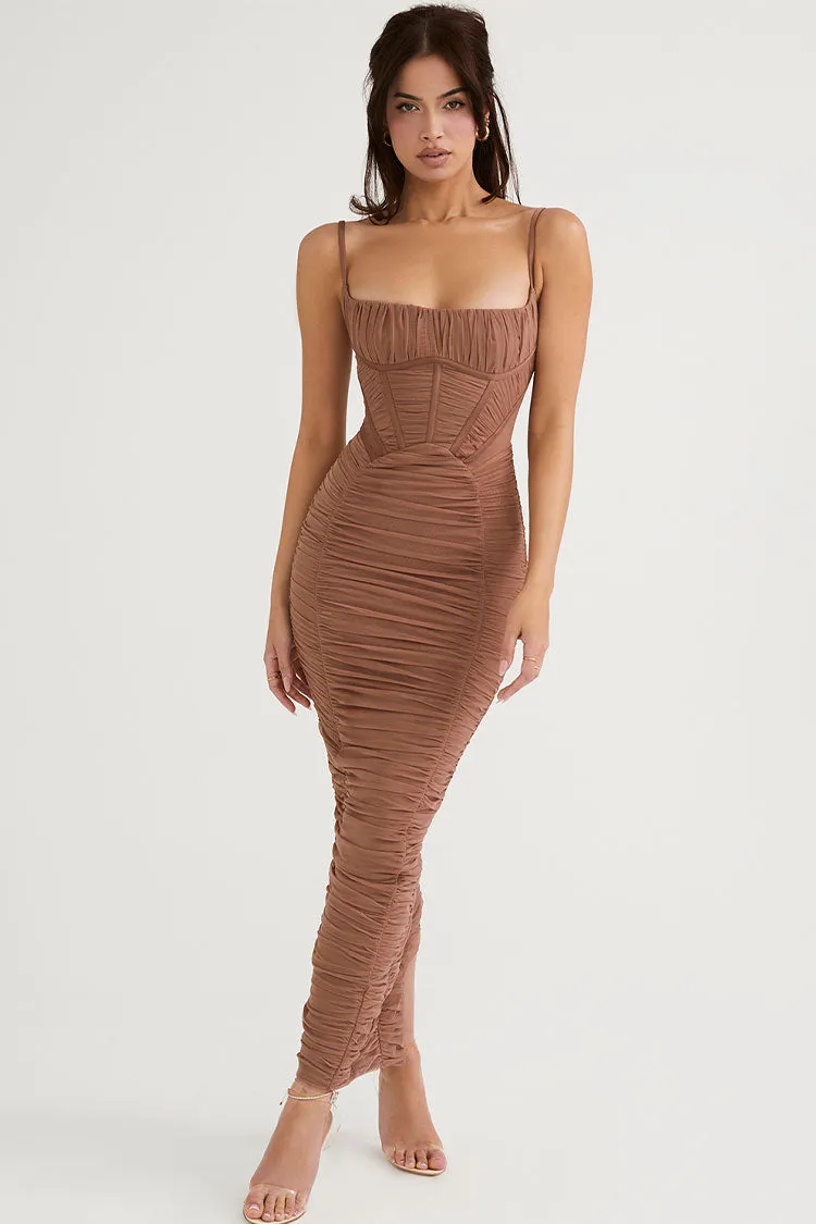 Vintage Square Neck Spaghetti Strap Ruched Bodycon Maxi Dress - Coffee