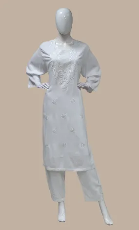 White Embroidered Kurti Top & Pants