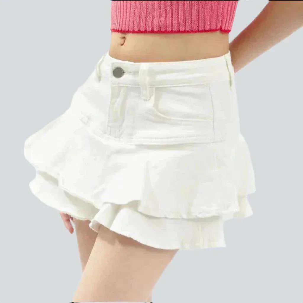 White ruffle skater denim skirt