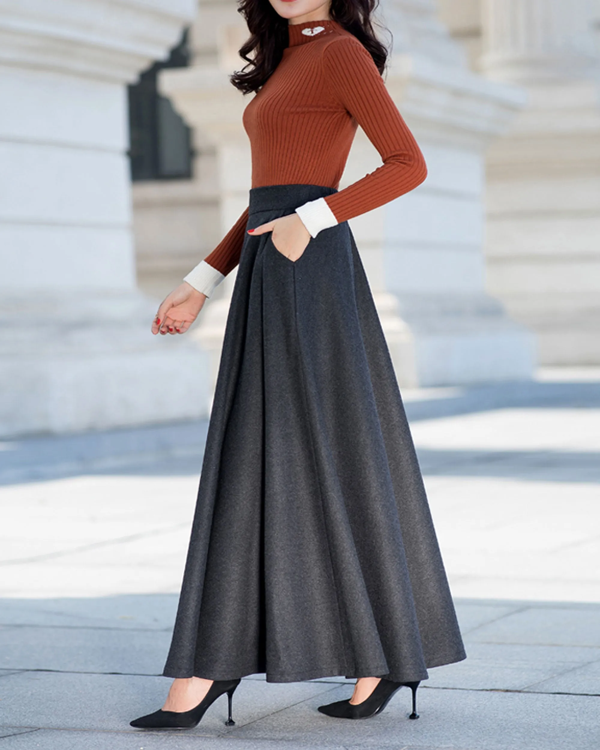 Winter skirt, wool skirt, black skirt, long wool skirt, vintage skirt, high waist skirt, wool maxi skirt, elastic waist skirt Q0015