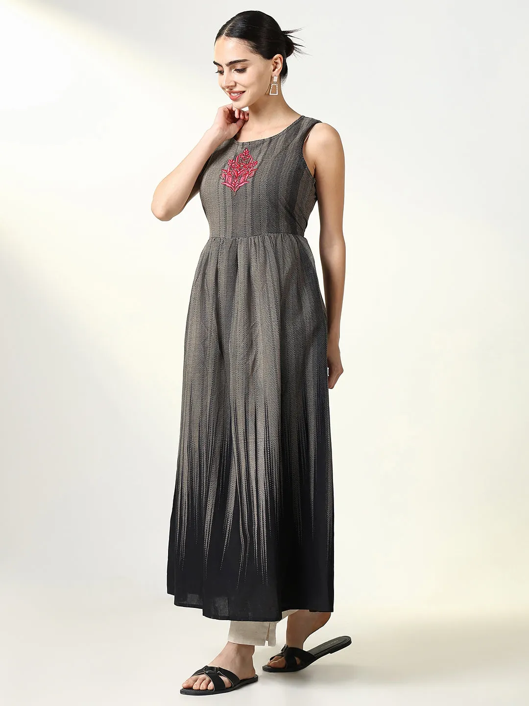 Women Black Abstract A Line Kurta with Overcoat