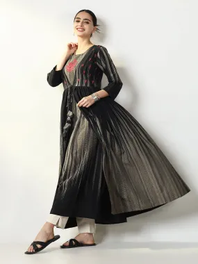 Women Black Abstract A Line Kurta with Overcoat