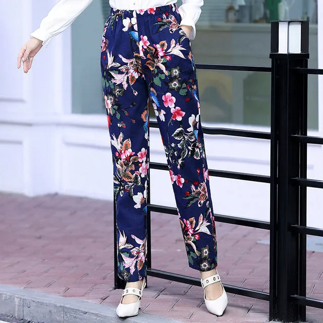 Women Floral Print Plaid Pants