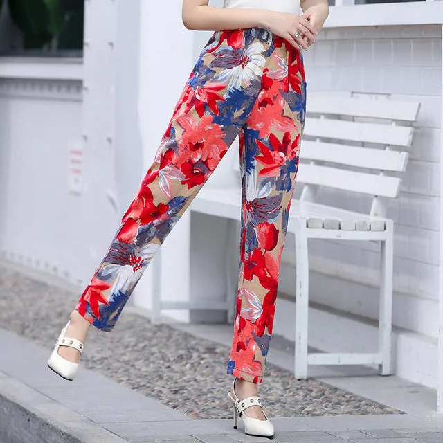 Women Floral Print Plaid Pants