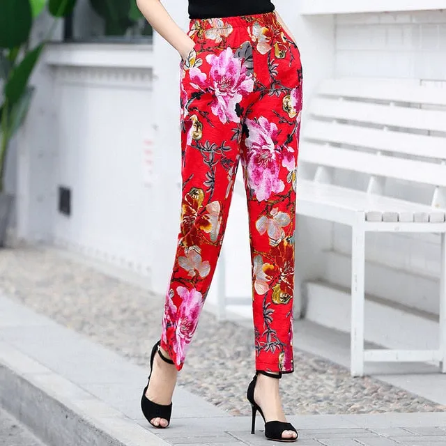 Women Floral Print Plaid Pants