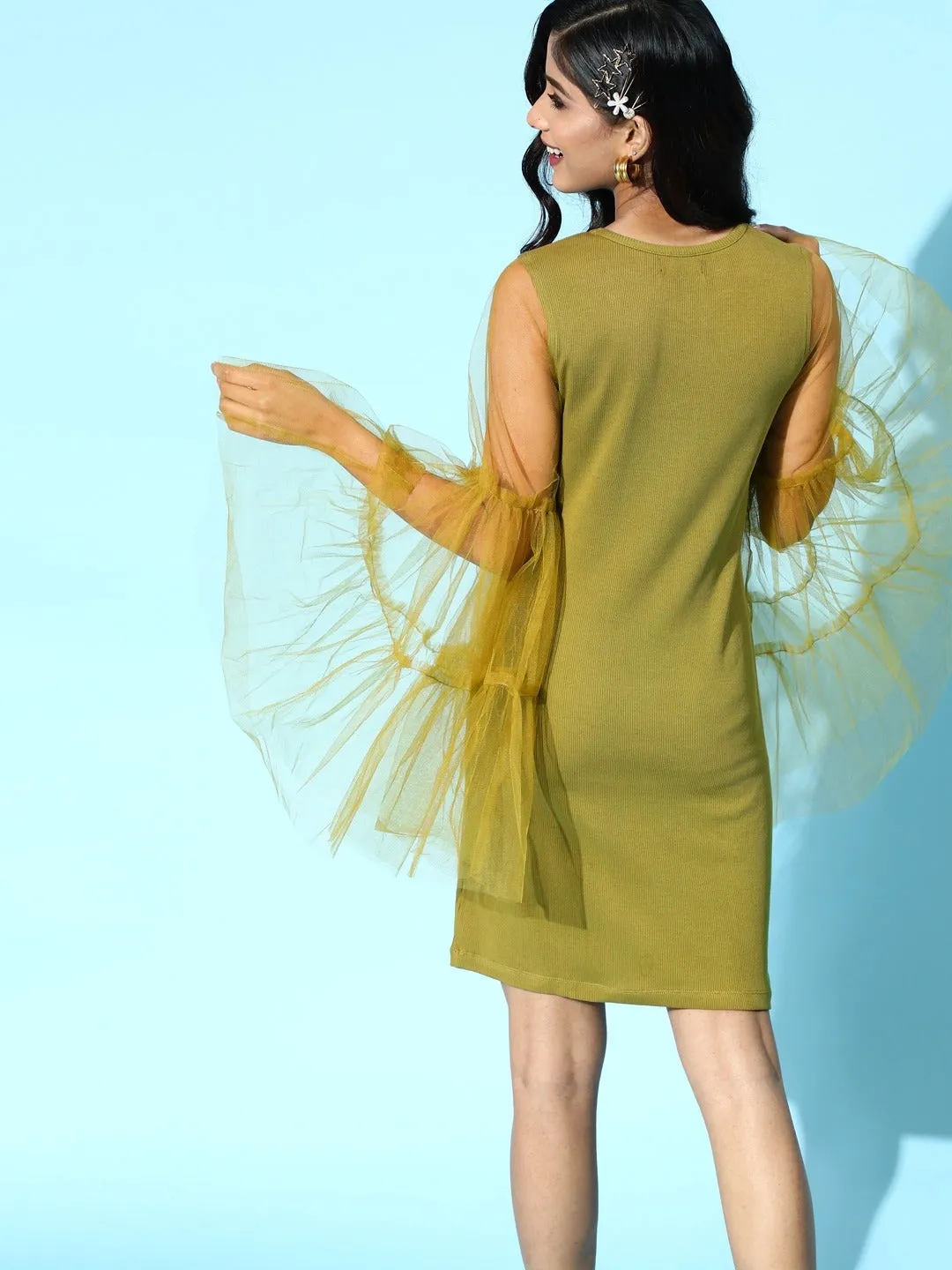 Women Green Tulle Flare Sleeve Bodycon Dress