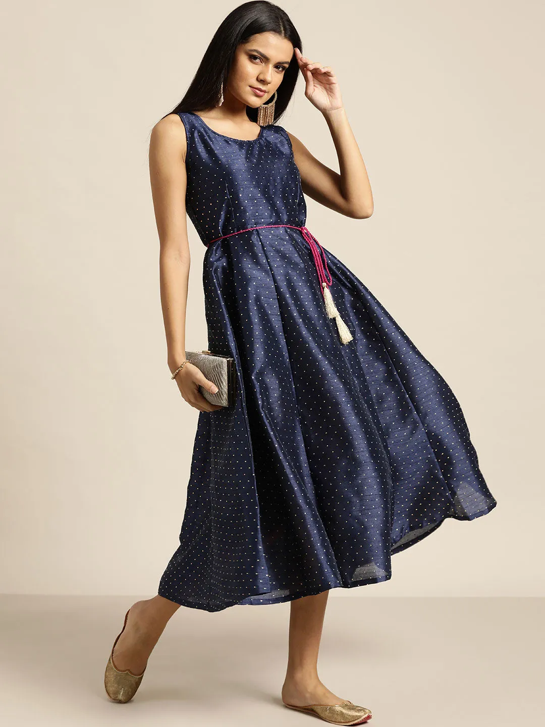 Women Navy Mukaish Work Anarkali Dress