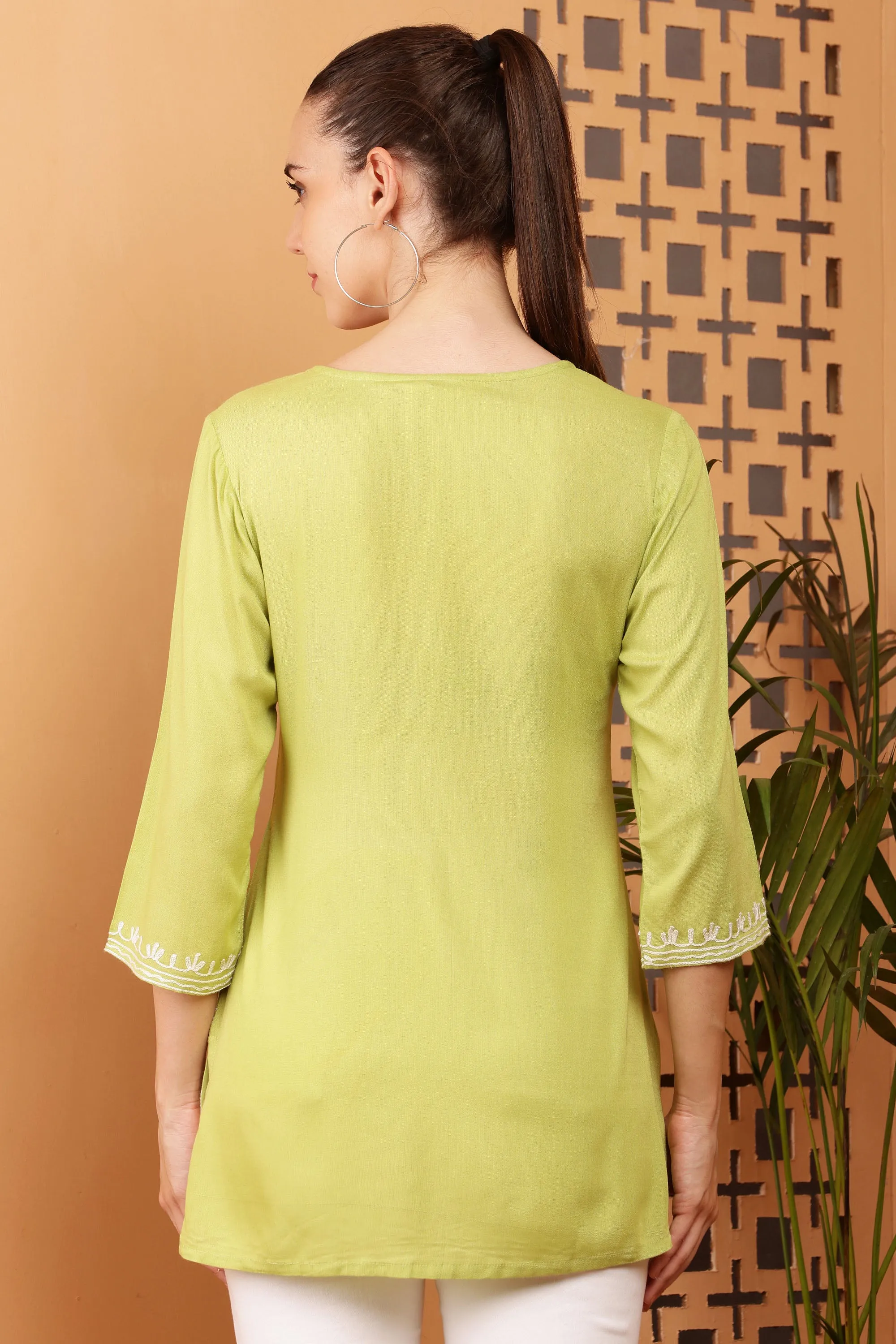 Women Olive Embroidered Rayon Kurti