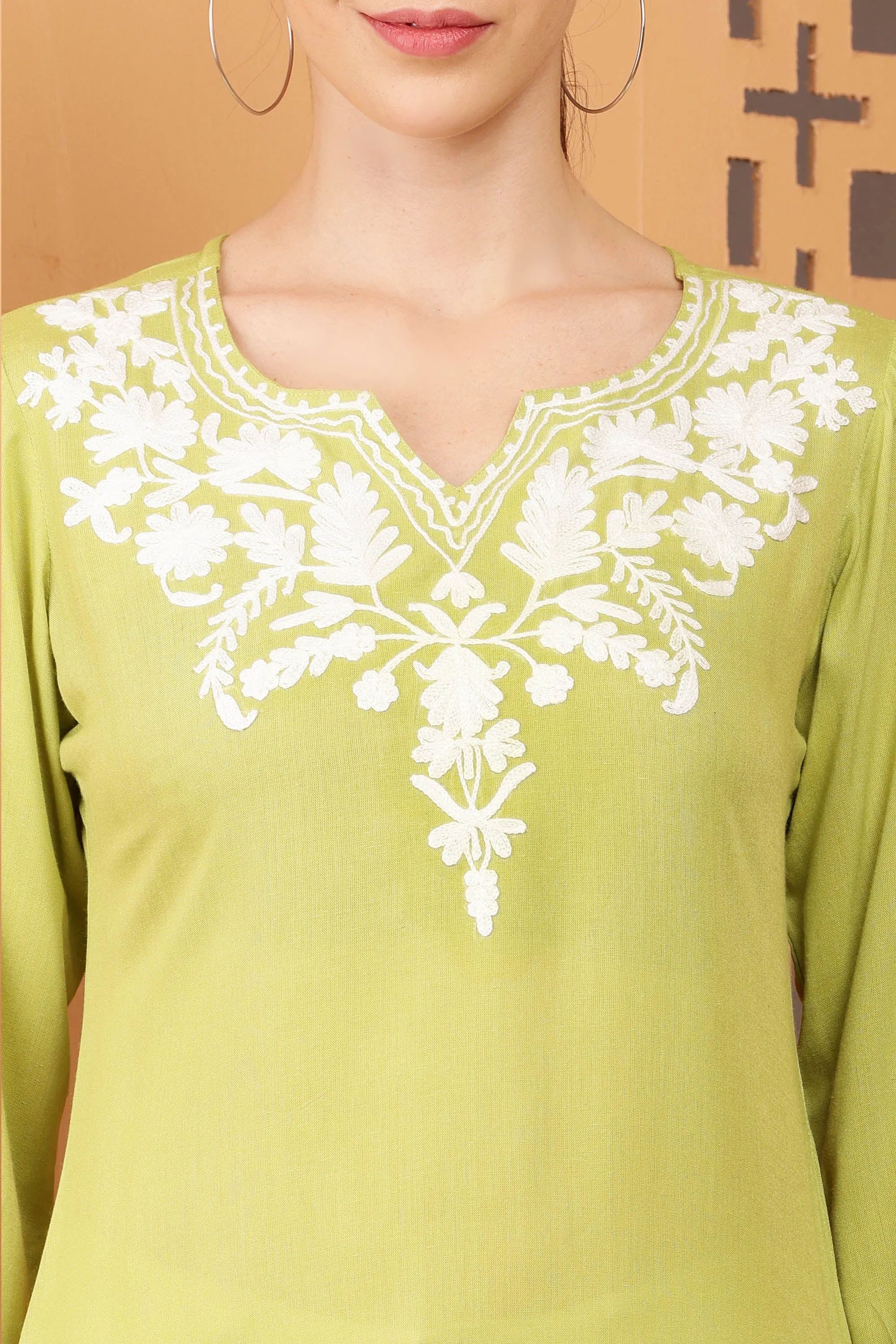 Women Olive Embroidered Rayon Kurti