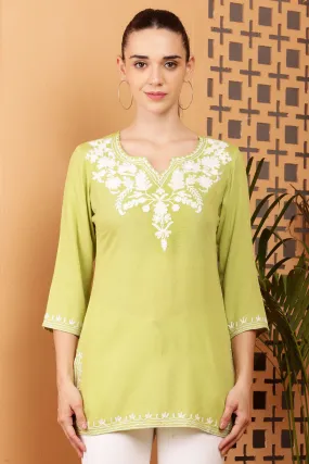 Women Olive Embroidered Rayon Kurti