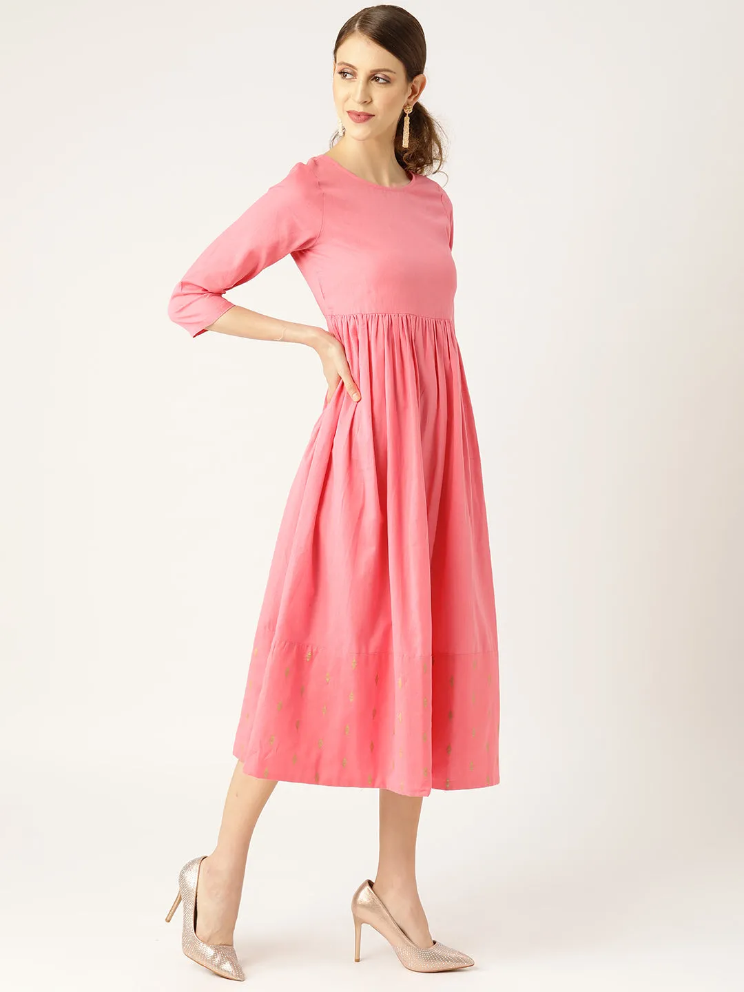 Women Pink Dot Foil Print Gathered Dress