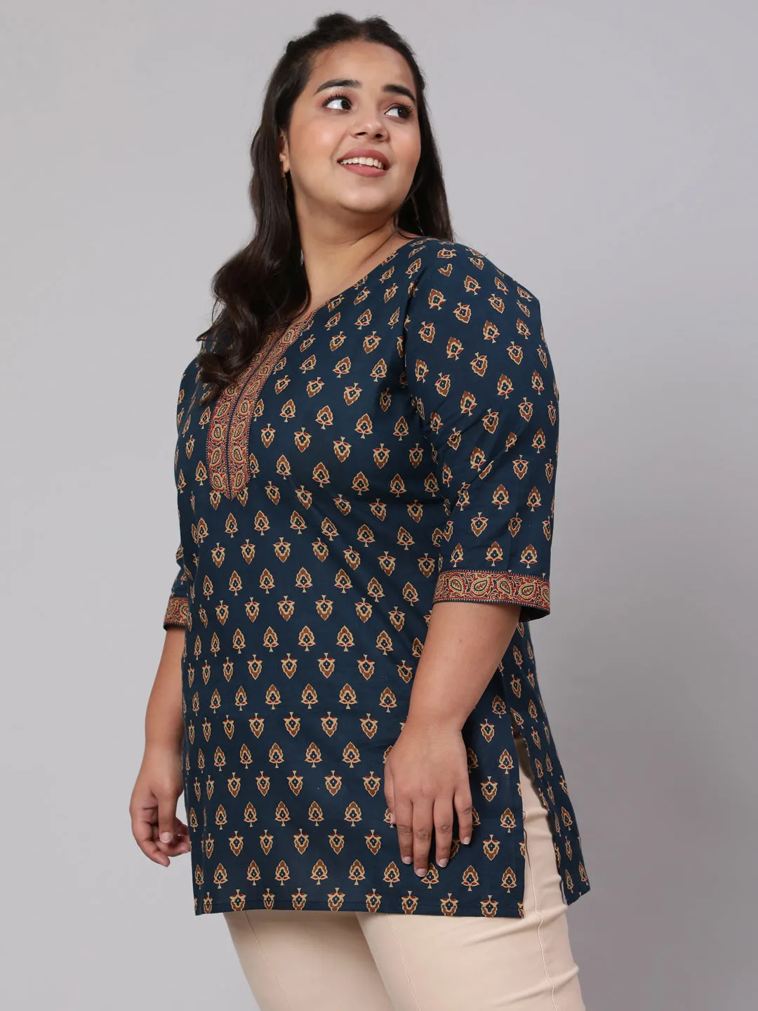 Women Plus Size Navy Blue Tunic With Three Quarter Sleeves