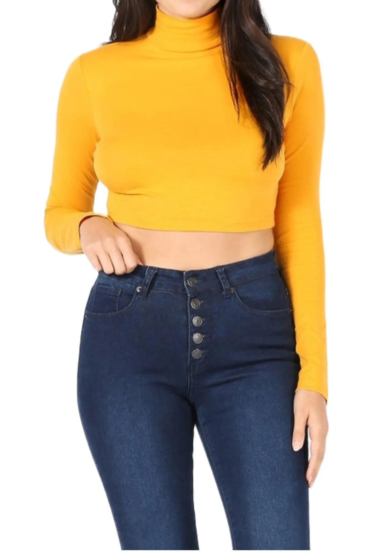 Women's Long Sleeve Cropped Turtle Neck T-Shirt