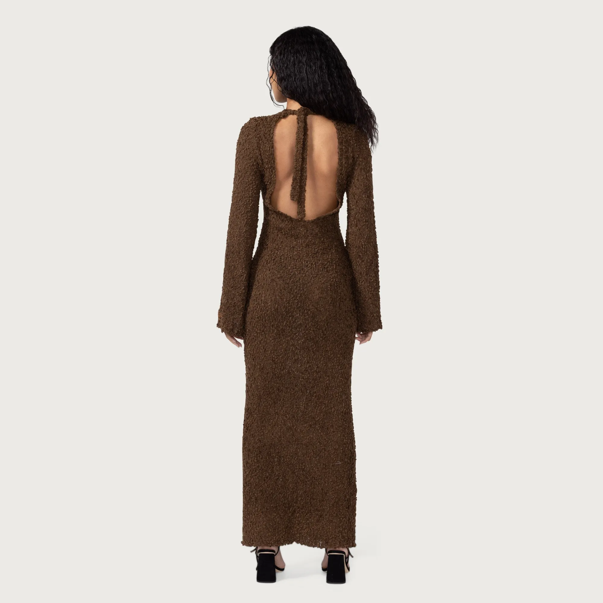 Womens L/S Knit Maxi Dress - Brown