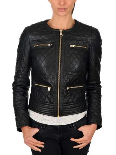 WOMENS QUILTED BIKER JACKET BLACK LEATHER SLIM FIT MOTORCYCLE STYLE JACKET